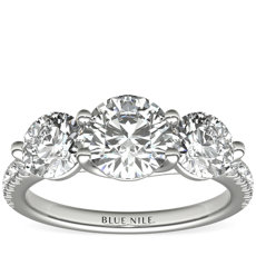 Three Stone Petite Pave Trellis Diamond Engagement Ring in 14k White Gold
